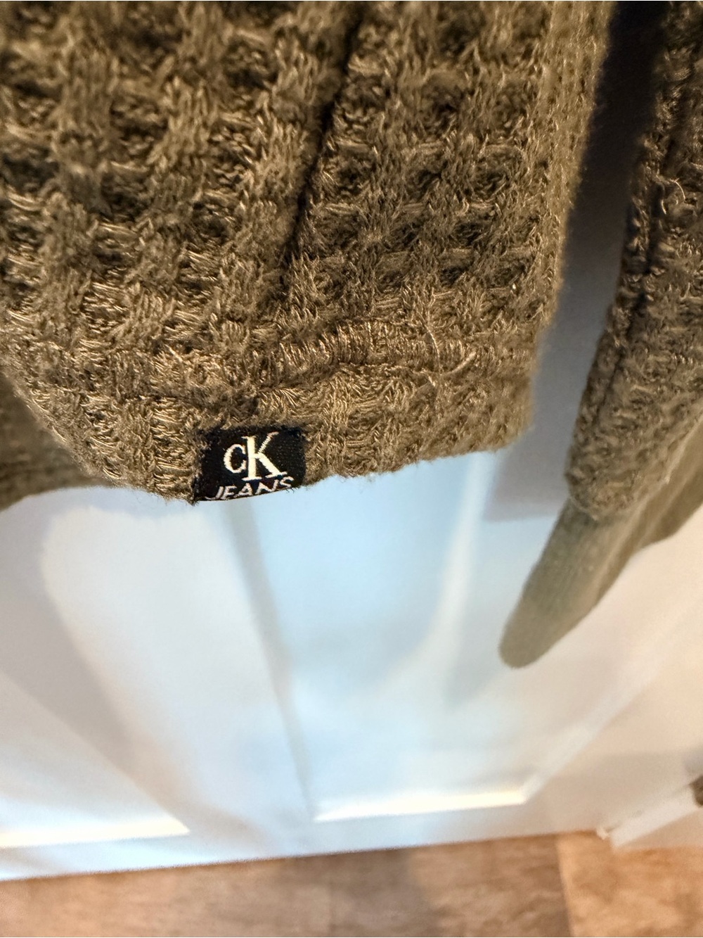 Calvin Klein Jeans Waffle Knit Hoodie Medium Olive Green Thermal Pullover - Picture 3 of 11